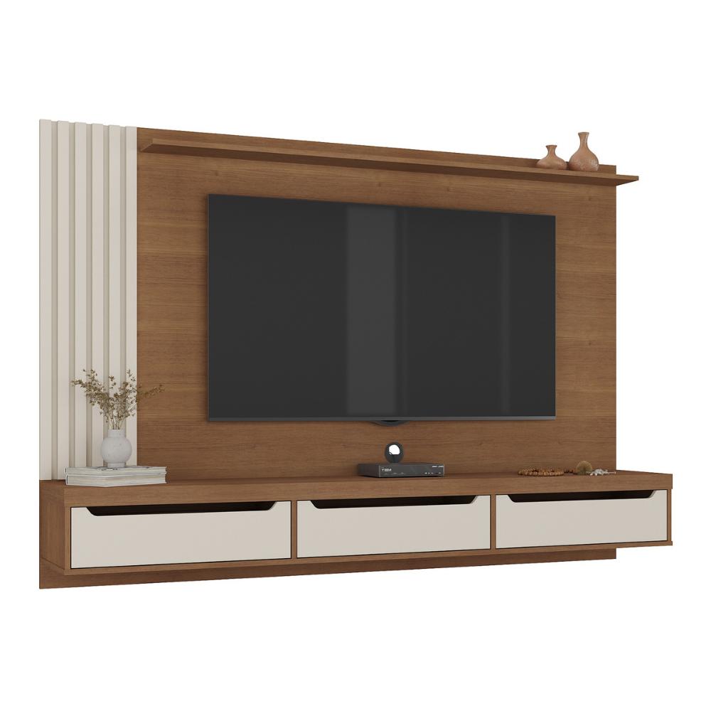 Painel com Suporte para TV até 75 Polegadas 3 Gavetas Multimóveis CR45317 Cinamomo/Off White