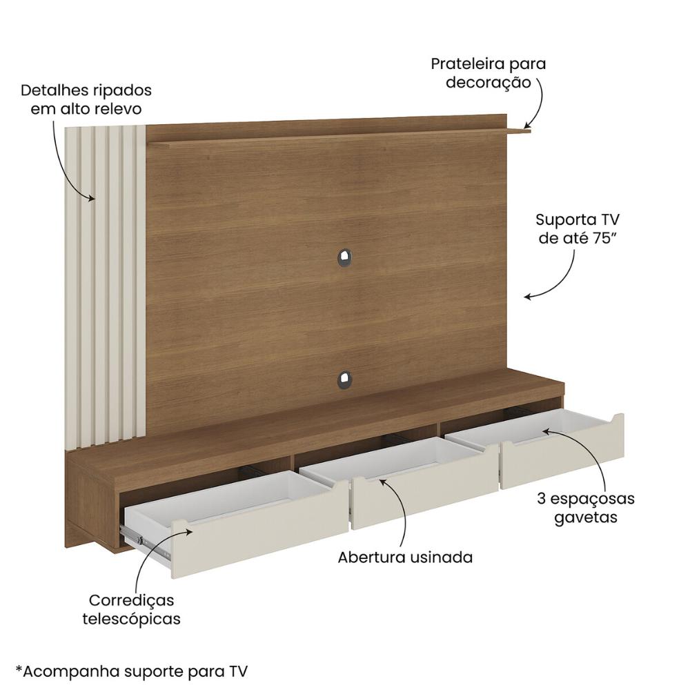 Painel com Suporte para TV até 75 Polegadas 3 Gavetas Multimóveis CR45317 Cinamomo/Off White