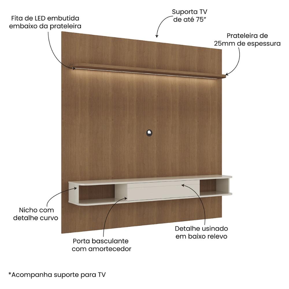 Painel com Suporte para TV até 75 Polegadas com LED e 1 Porta Multimóveis CR45314 Cinamomo/Off White