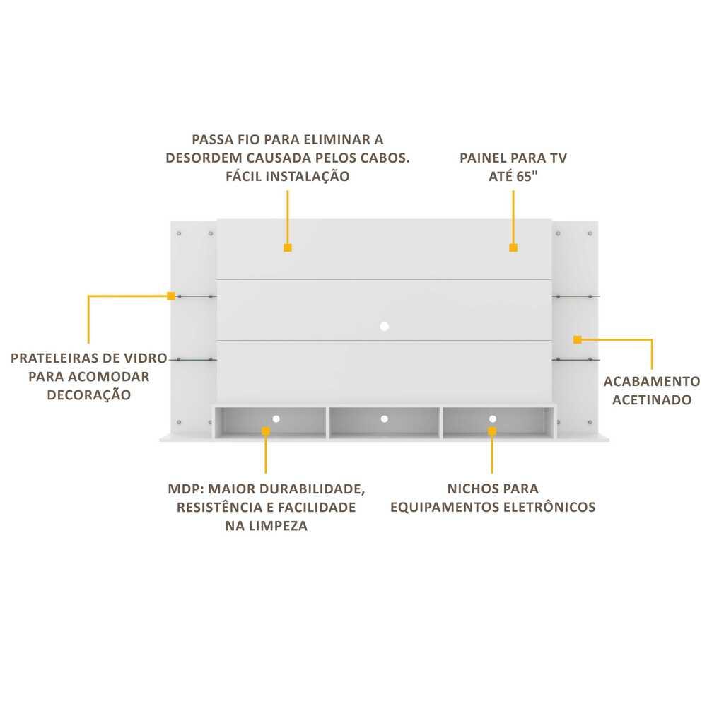 Painel p/ TV 65" c/ prateleiras vidro Braga Plus Multimóveis