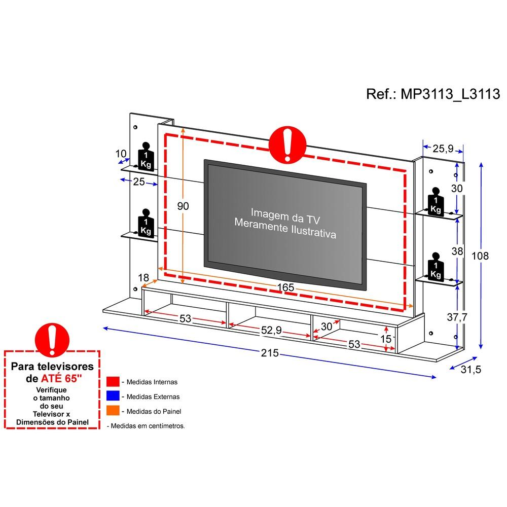 Painel p/ TV 65" c/ prateleiras vidro Braga Plus Multimóveis