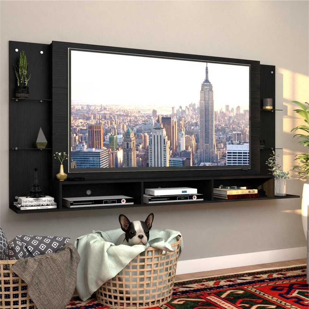 Painel p/ TV 65" c/ prateleiras vidro Braga Plus Multimóveis