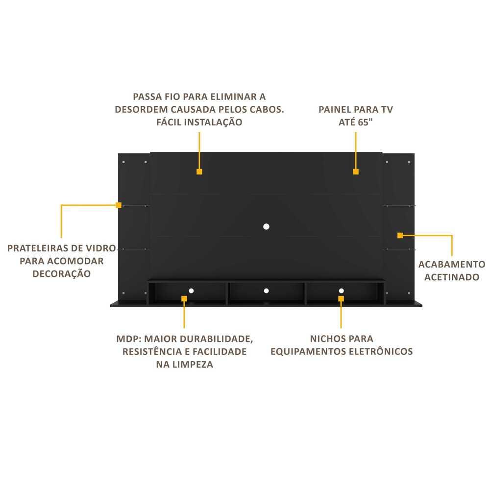 Painel p/ TV 65" c/ prateleiras vidro Braga Plus Multimóveis