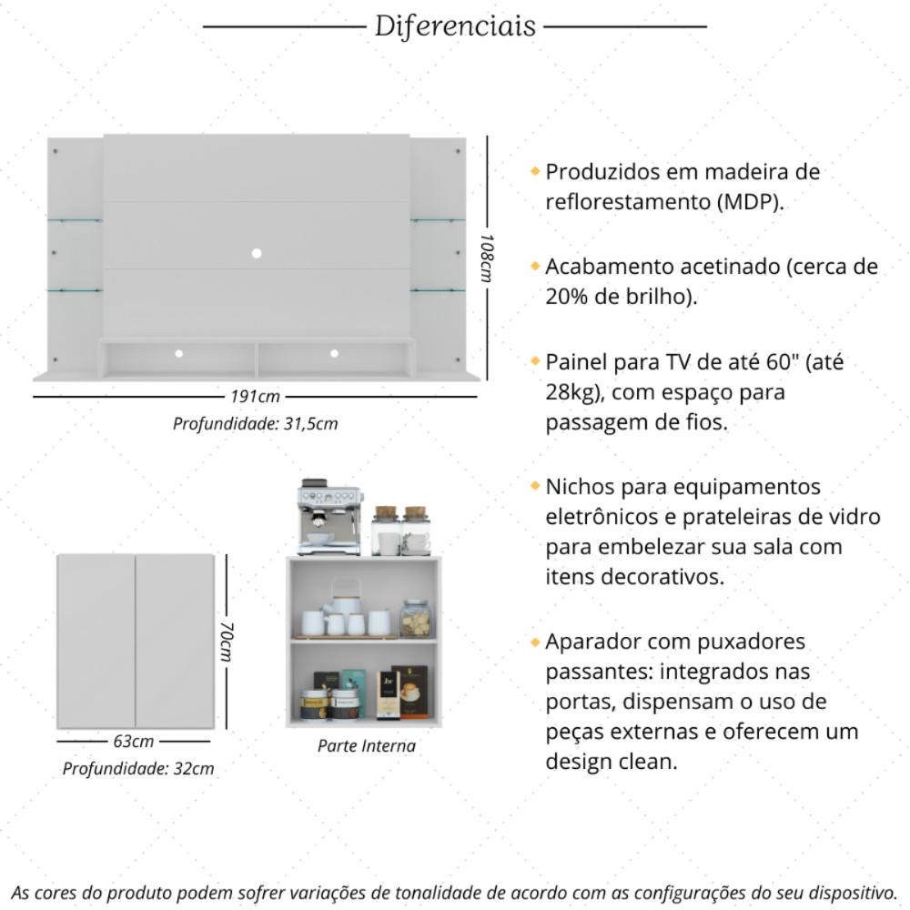 Painel para TV 60 Polegadas com Prateleiras Vidro e Aparador 2 Portas Multimóveis MP1099 Branco