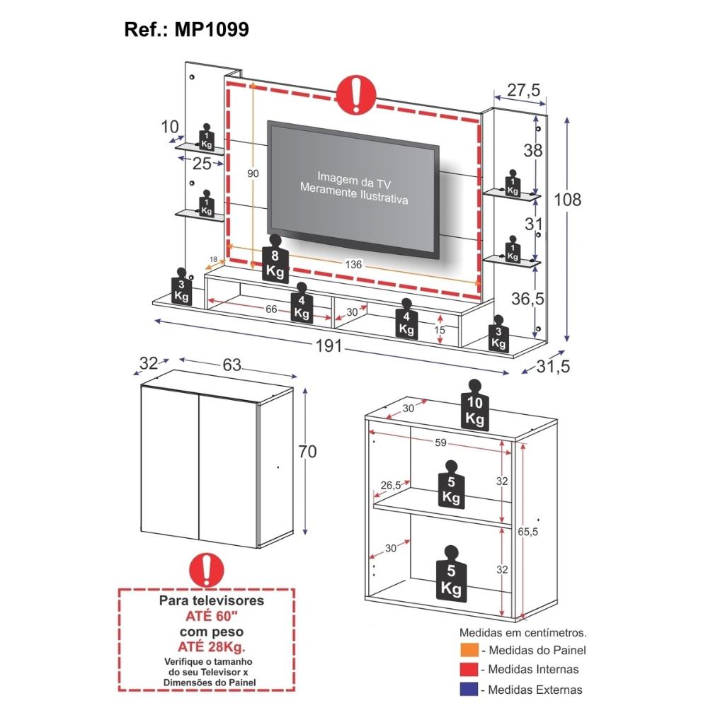 Painel para TV 60 Polegadas com Prateleiras Vidro e Aparador 2 Portas Multimóveis MP1099 Branco