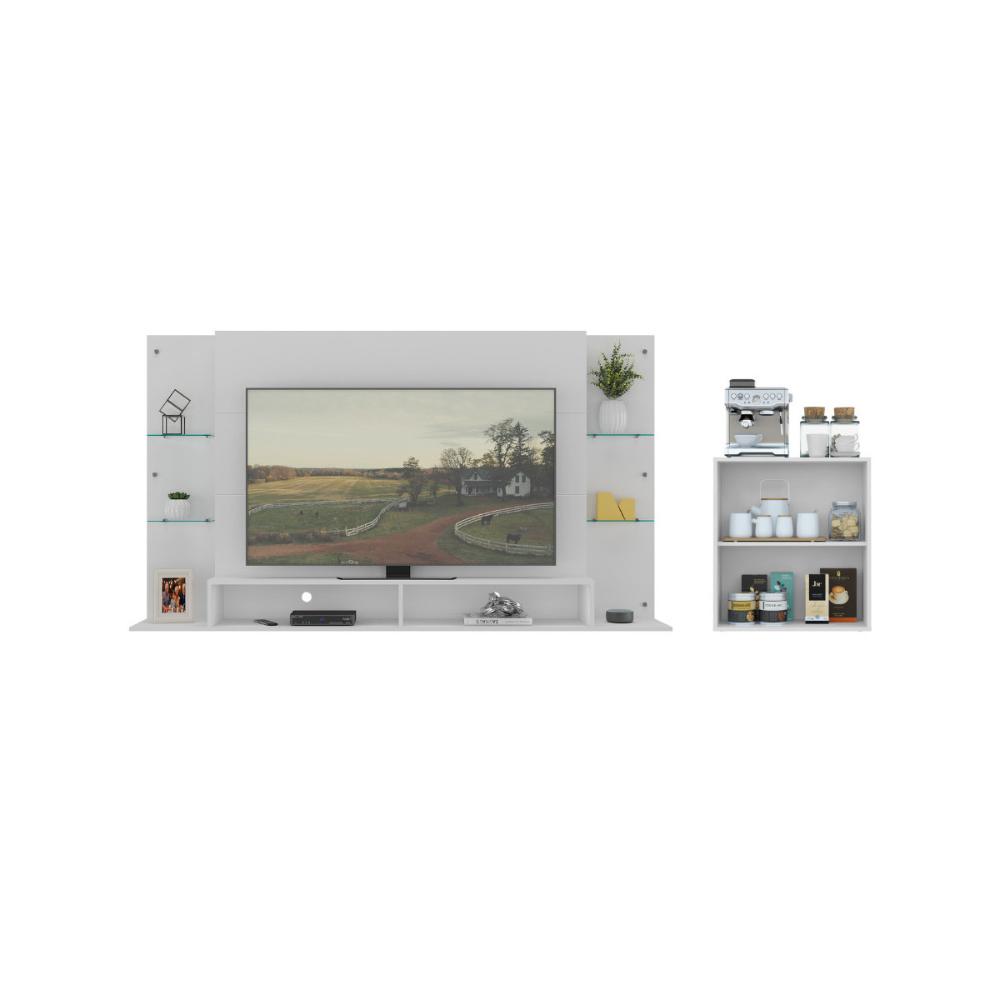Painel para TV 60 Polegadas com Prateleiras Vidro e Aparador 2 Portas Multimóveis MP1099 Branco