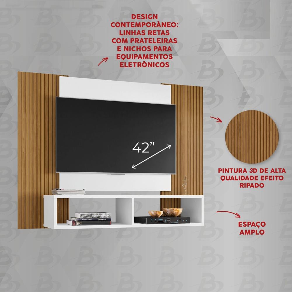 Painel para TV até 42 Polegadas com Nichos Multimóveis CR45289 Branco/Ripado