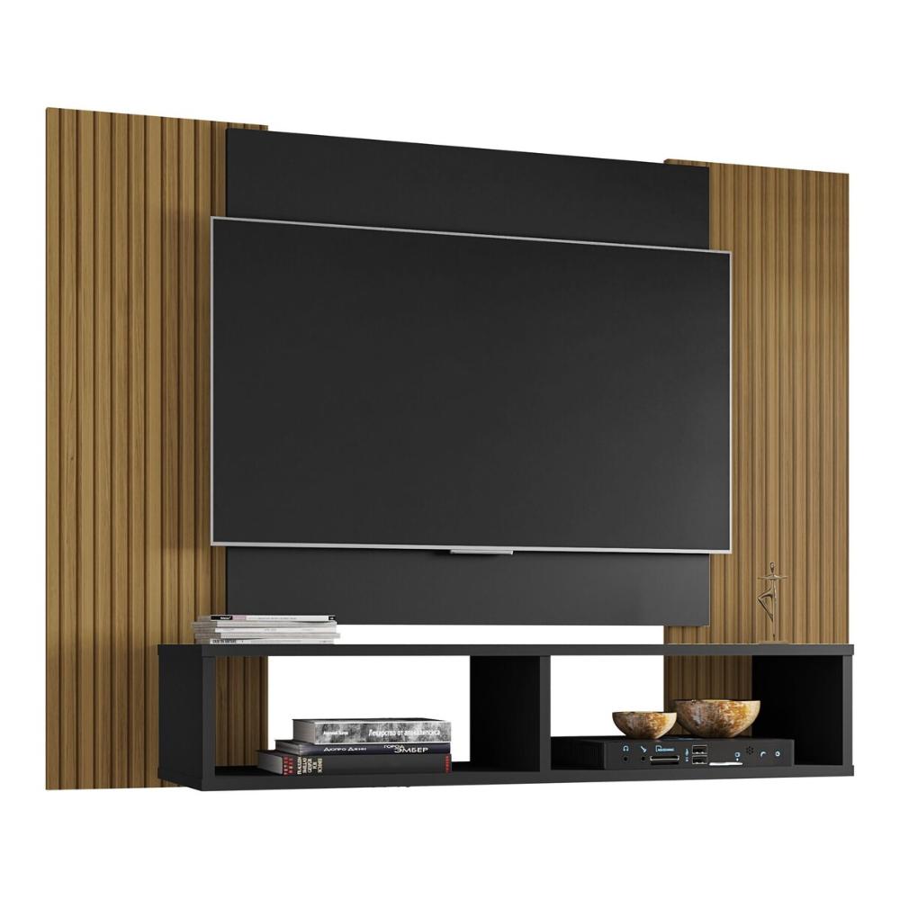 Painel para TV até 42 Polegadas com Nichos Multimóveis CR45289 Preto Fosco/Ripado