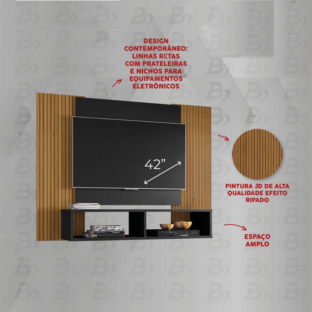 Painel para TV até 42 Polegadas com Nichos Multimóveis CR45289 Preto Fosco/Ripado