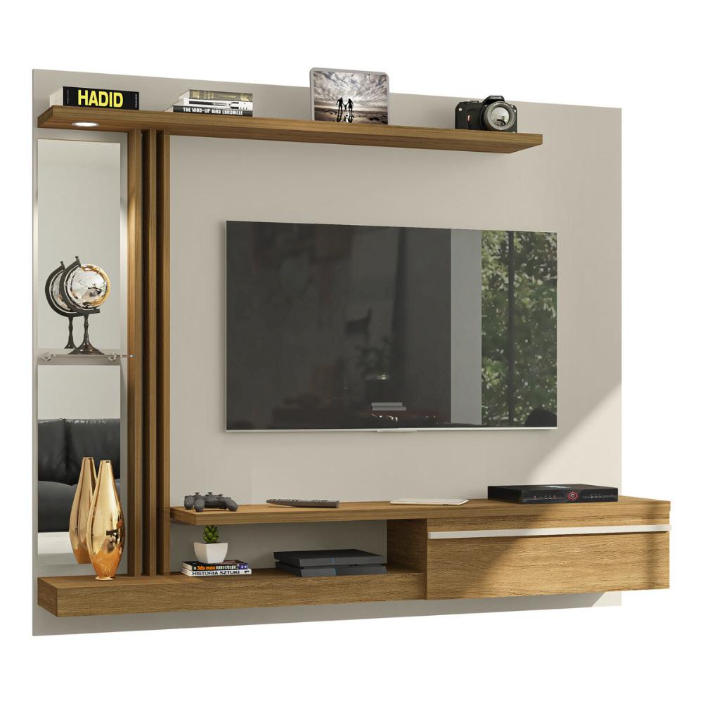 Painel para TV até 55 Polegadas com LED Espelhos Vidro e 1 Porta Multimóveis CR45284 Off White/Cinamomo