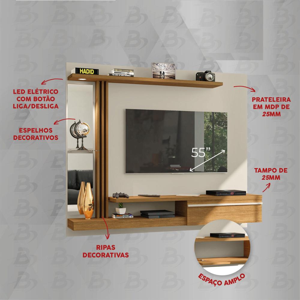 Painel para TV até 55 Polegadas com LED Espelhos Vidro e 1 Porta Multimóveis CR45284 Off White/Cinamomo