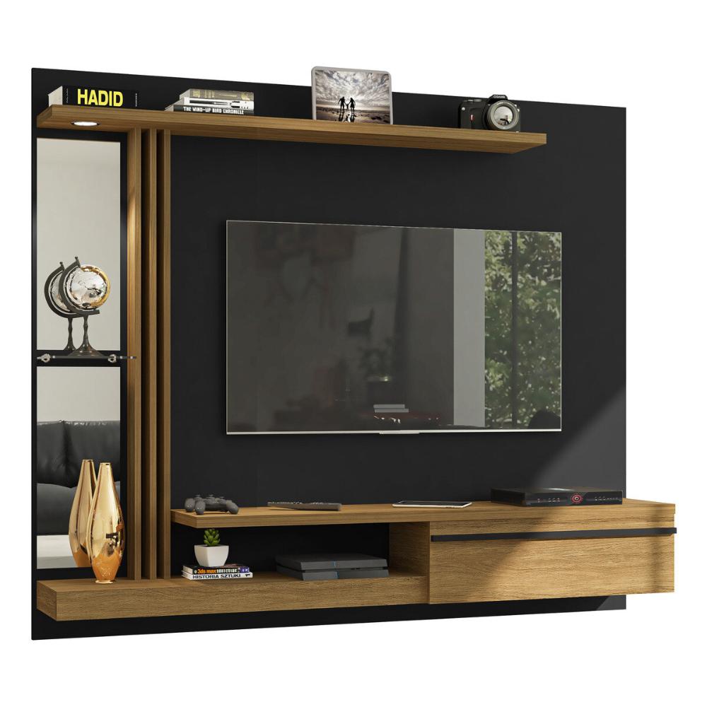 Painel para TV até 55 Polegadas com LED Espelhos Vidro e 1 Porta Multimóveis CR45284 Preto Fosco/Cinamomo