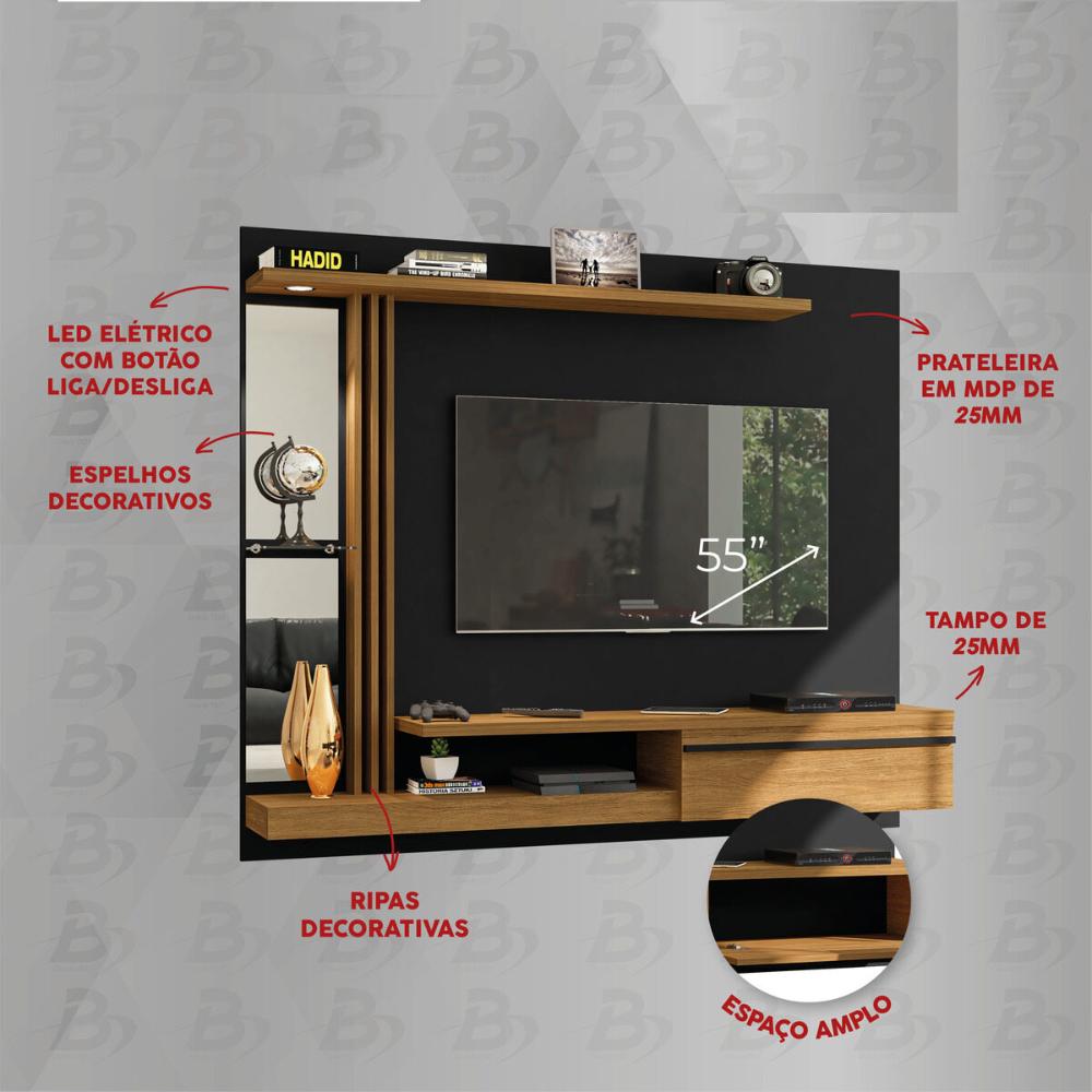 Painel para TV até 55 Polegadas com LED Espelhos Vidro e 1 Porta Multimóveis CR45284 Preto Fosco/Cinamomo