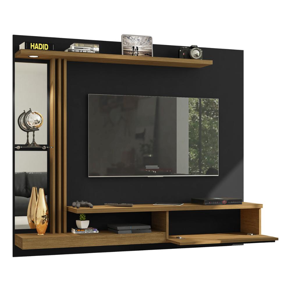 Painel para TV até 55 Polegadas com LED Espelhos Vidro e 1 Porta Multimóveis CR45284 Preto Fosco/Cinamomo