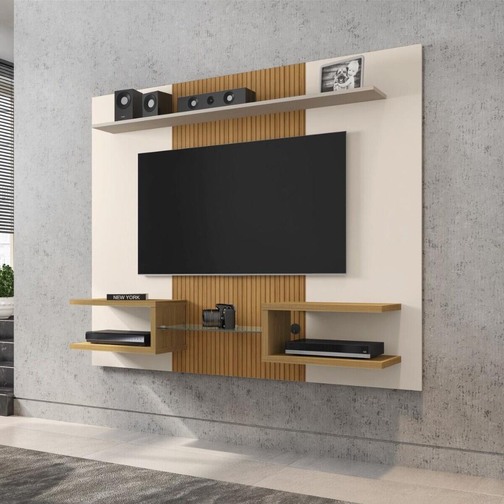 Painel para TV até 55 Polegadas com Vidro e Prateleiras Multimóveis CR45282 Off White/Cinamomo/Ripado