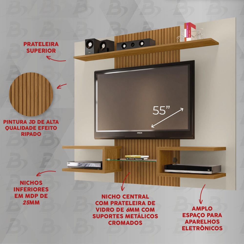 Painel para TV até 55 Polegadas com Vidro e Prateleiras Multimóveis CR45282 Off White/Cinamomo/Ripado
