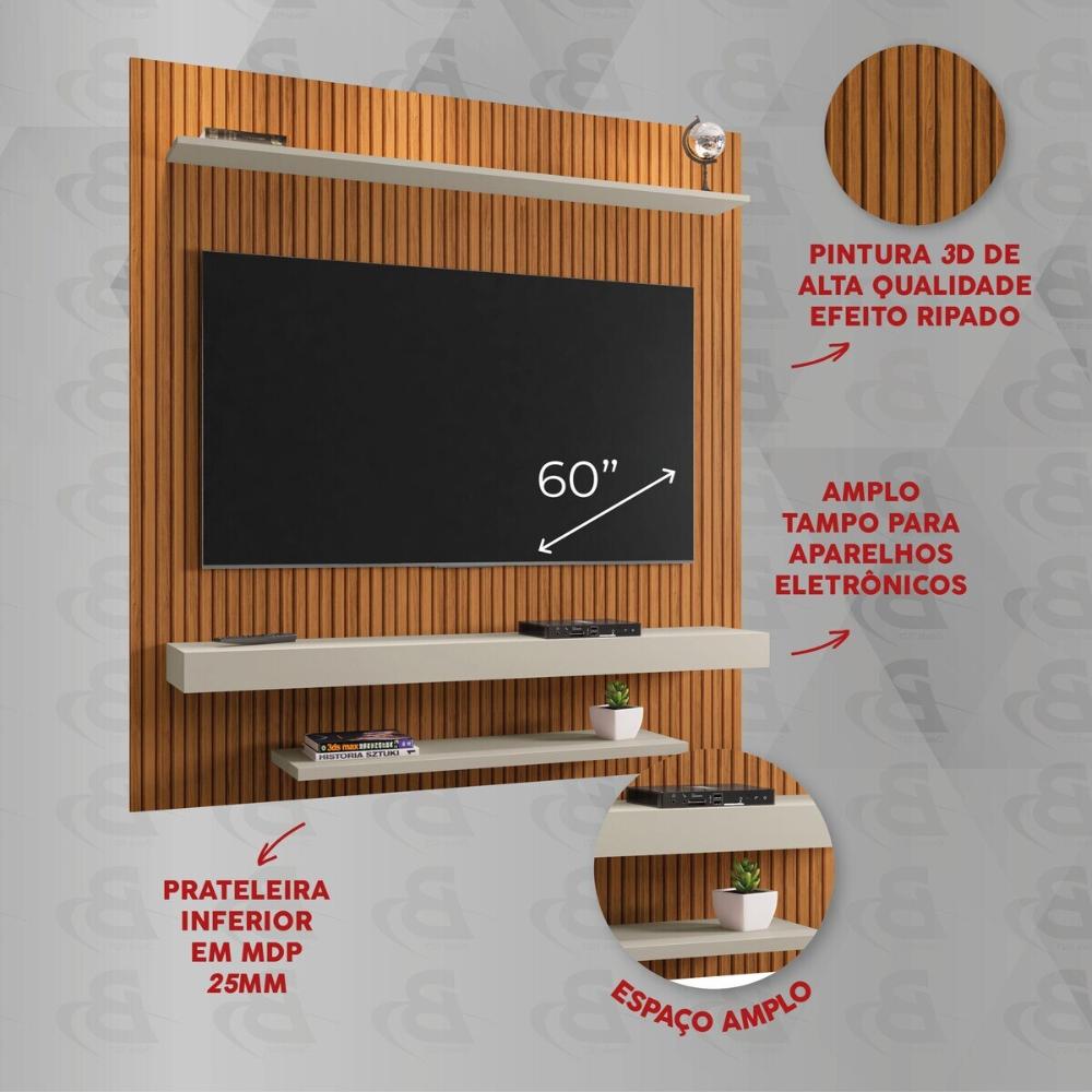 Painel para TV até 60 Polegadas com Prateleiras Multimóveis CR45286 Ripado/Off White