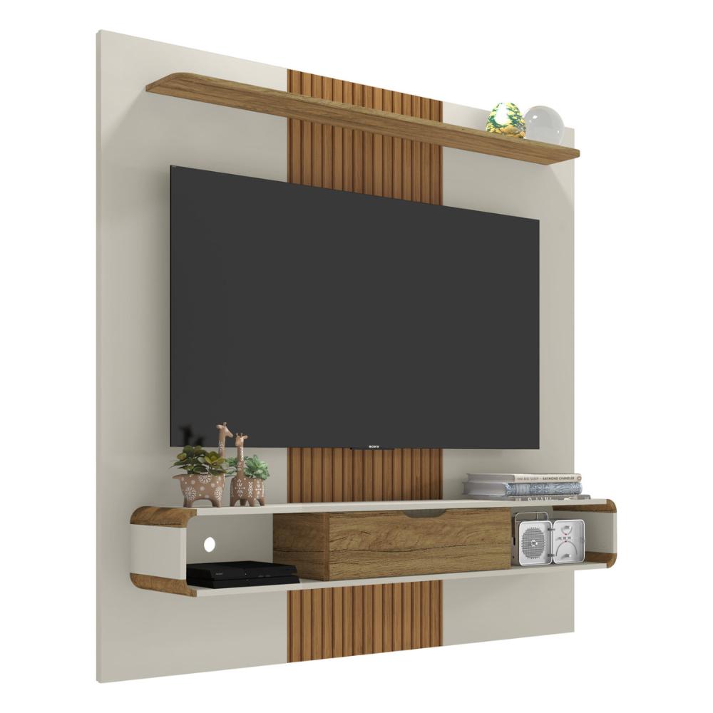Painel para TV até 65 Polegadas com 1 Porta Basculante e Nichos Multimóveis CR45287 Off White/Cinamomo/Ripado