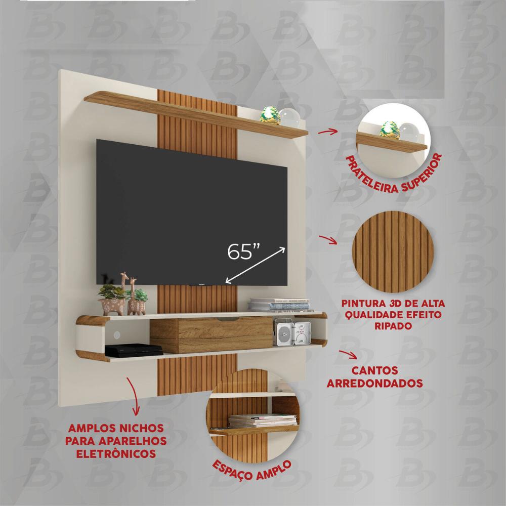 Painel para TV até 65 Polegadas com 1 Porta Basculante e Nichos Multimóveis CR45287 Off White/Cinamomo/Ripado