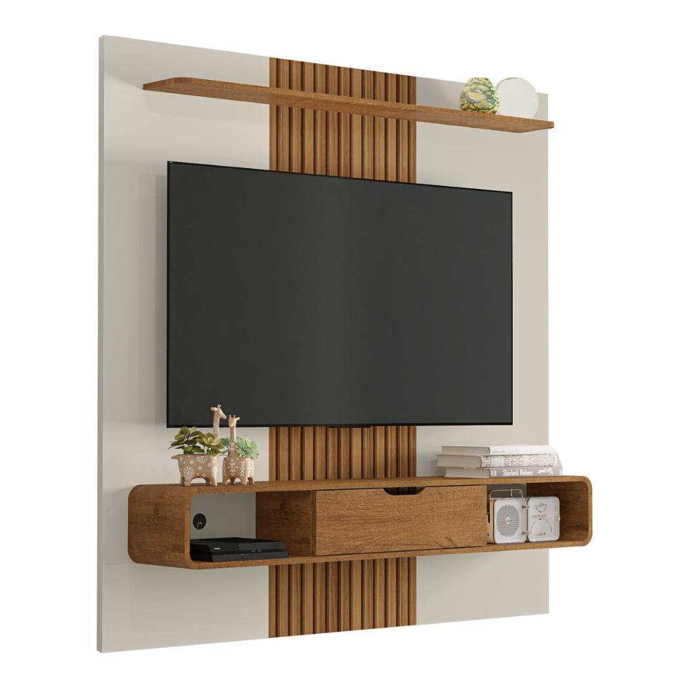 Painel para TV até 65 Polegadas com 1 Porta Basculante e Nichos Multimóveis CR45287 Off White/Naturalle/Ripado