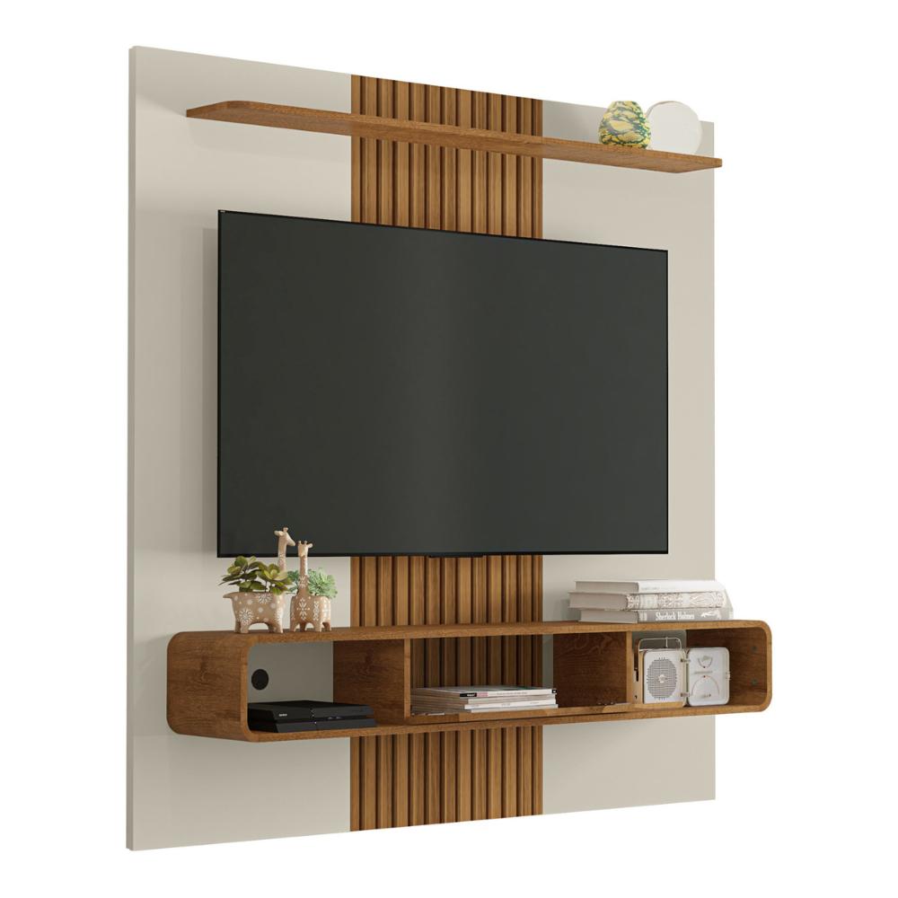 Painel para TV até 65 Polegadas com 1 Porta Basculante e Nichos Multimóveis CR45287 Off White/Naturalle/Ripado