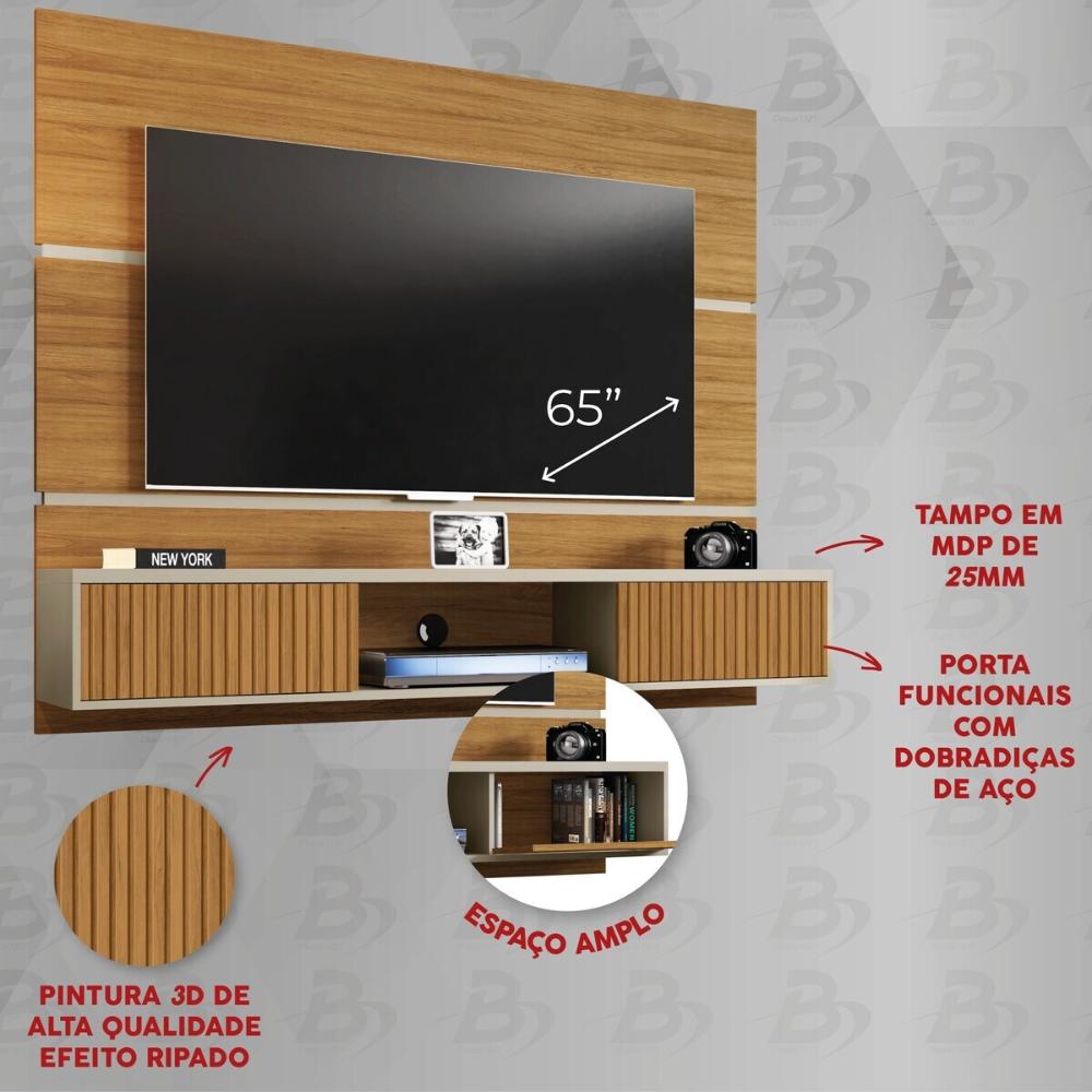 Painel para TV até 65 Polegadas com 2 Portas Basculantes Multimóveis CR45281 Cinamomo/Off White/Ripado