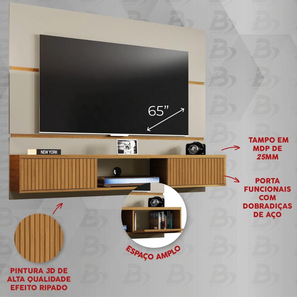 Painel para TV até 65 Polegadas com 2 Portas Basculantes Multimóveis CR45281 Off White/Cinamomo/Ripado