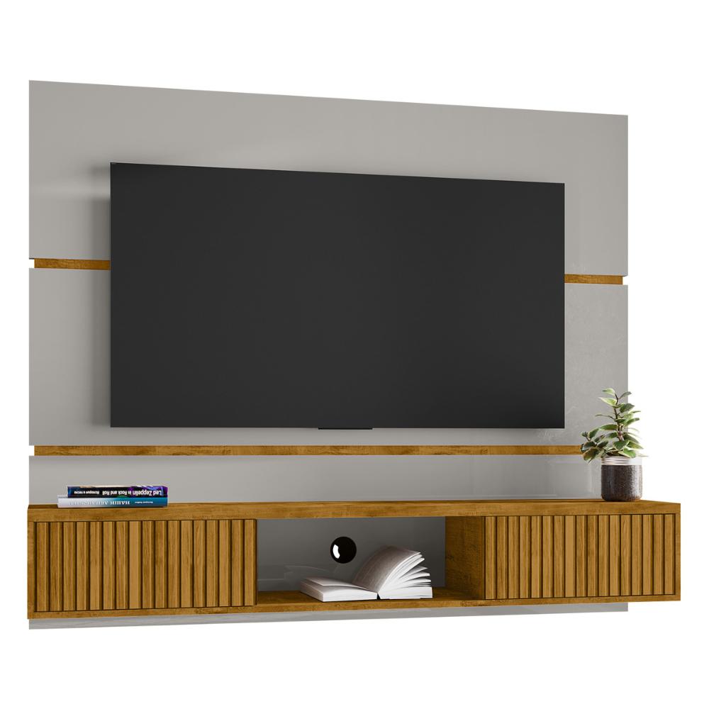 Painel para TV até 65 Polegadas com 2 Portas Basculantes Multimóveis CR45281 Off White/Naturalle/Ripado