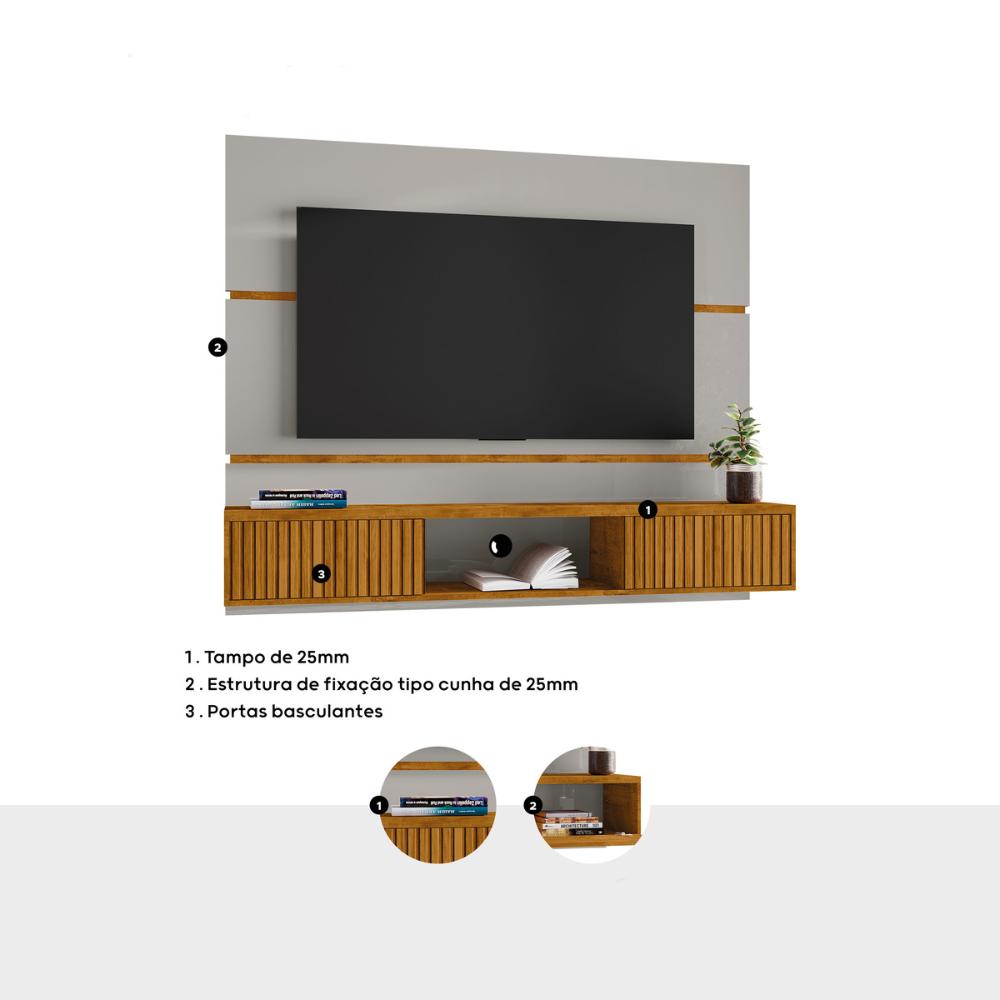 Painel para TV até 65 Polegadas com 2 Portas Basculantes Multimóveis CR45281 Off White/Naturalle/Ripado