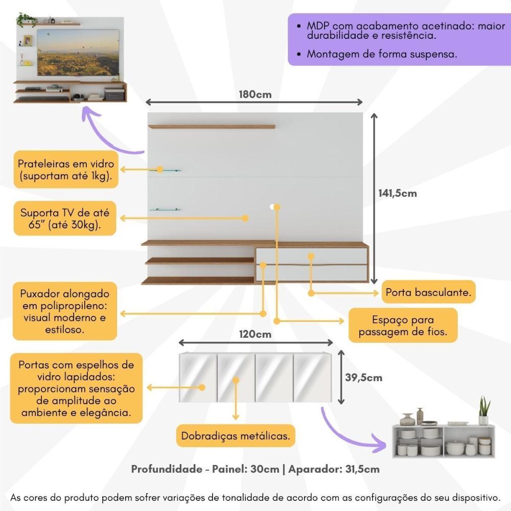 Painel para TV até 65 Polegadas com Aparador 4 Portas com Espelho Multimóveis MP1088 Rustic/Branco