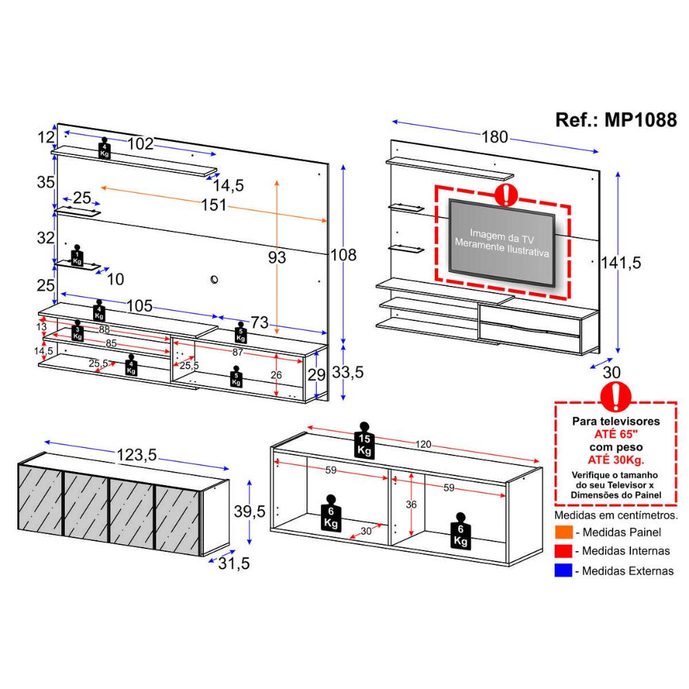 Painel para TV até 65 Polegadas com Aparador 4 Portas com Espelho Multimóveis MP1088 Rustic/Branco