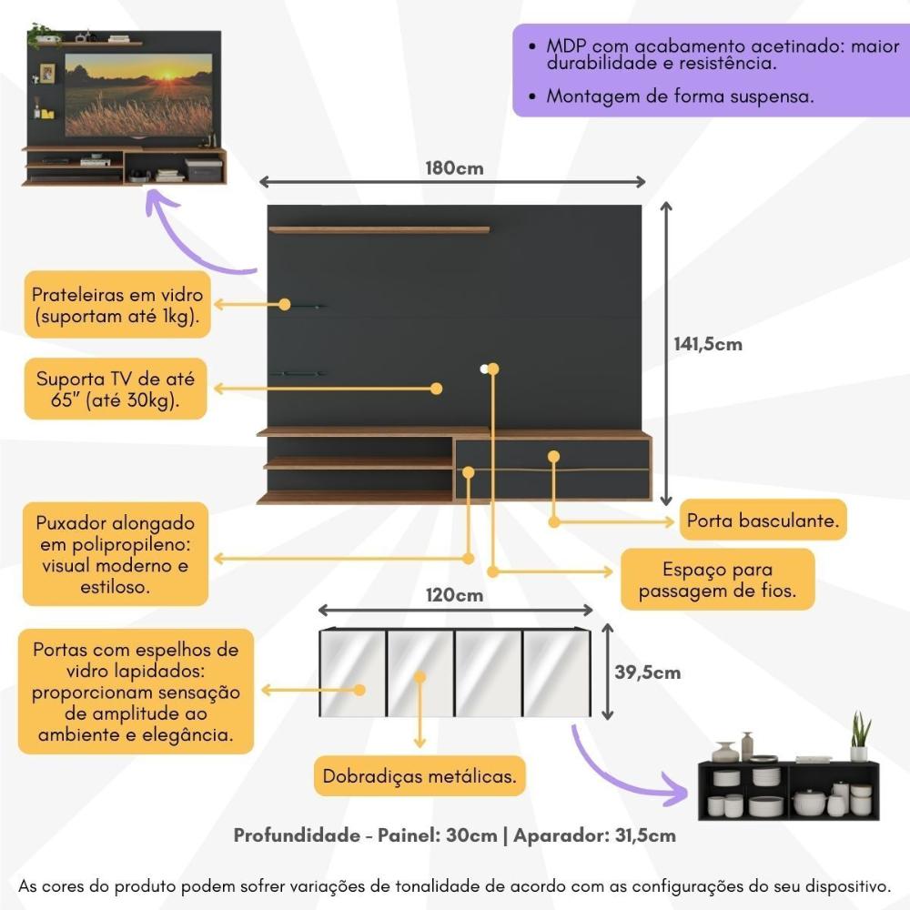 Painel para TV até 65 Polegadas com Aparador 4 Portas com Espelho Multimóveis MP1088 Rustic/Preto