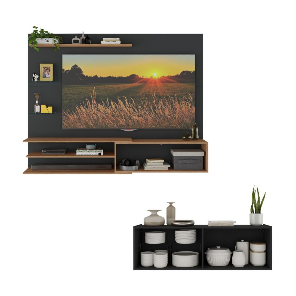 Painel para TV até 65 Polegadas com Aparador 4 Portas com Espelho Multimóveis MP1088 Rustic/Preto