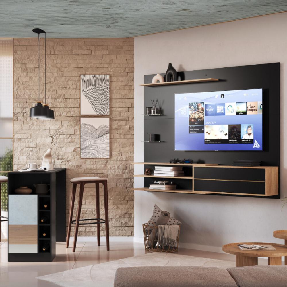 Painel para TV até 65 Polegadas com Bancada 1 Porta e Espelho Multimóveis MP1093 Preto/Madeirado