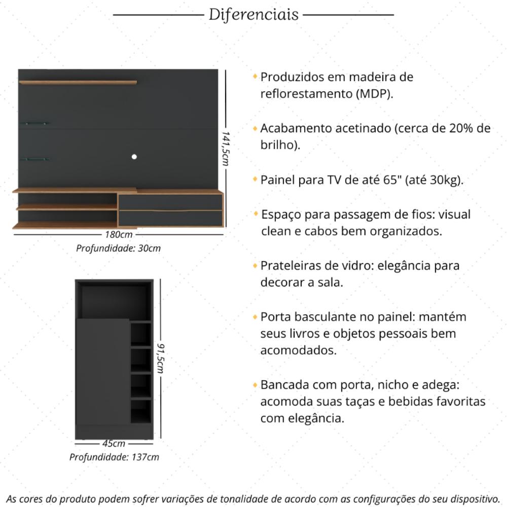 Painel para TV até 65 Polegadas com Bancada 1 Porta e Espelho Multimóveis MP1093 Preto/Madeirado