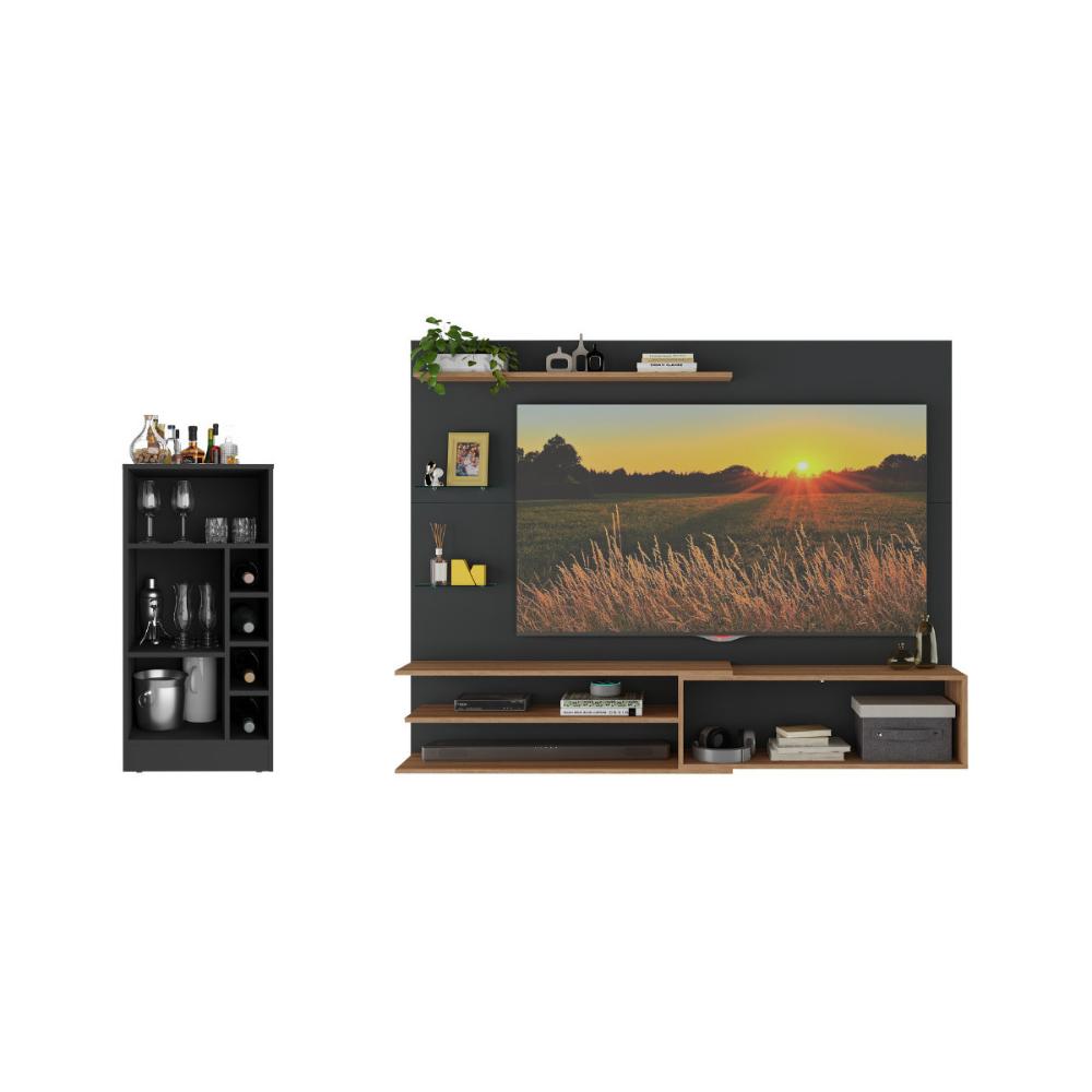 Painel para TV até 65 Polegadas com Bancada 1 Porta e Espelho Multimóveis MP1093 Preto/Madeirado