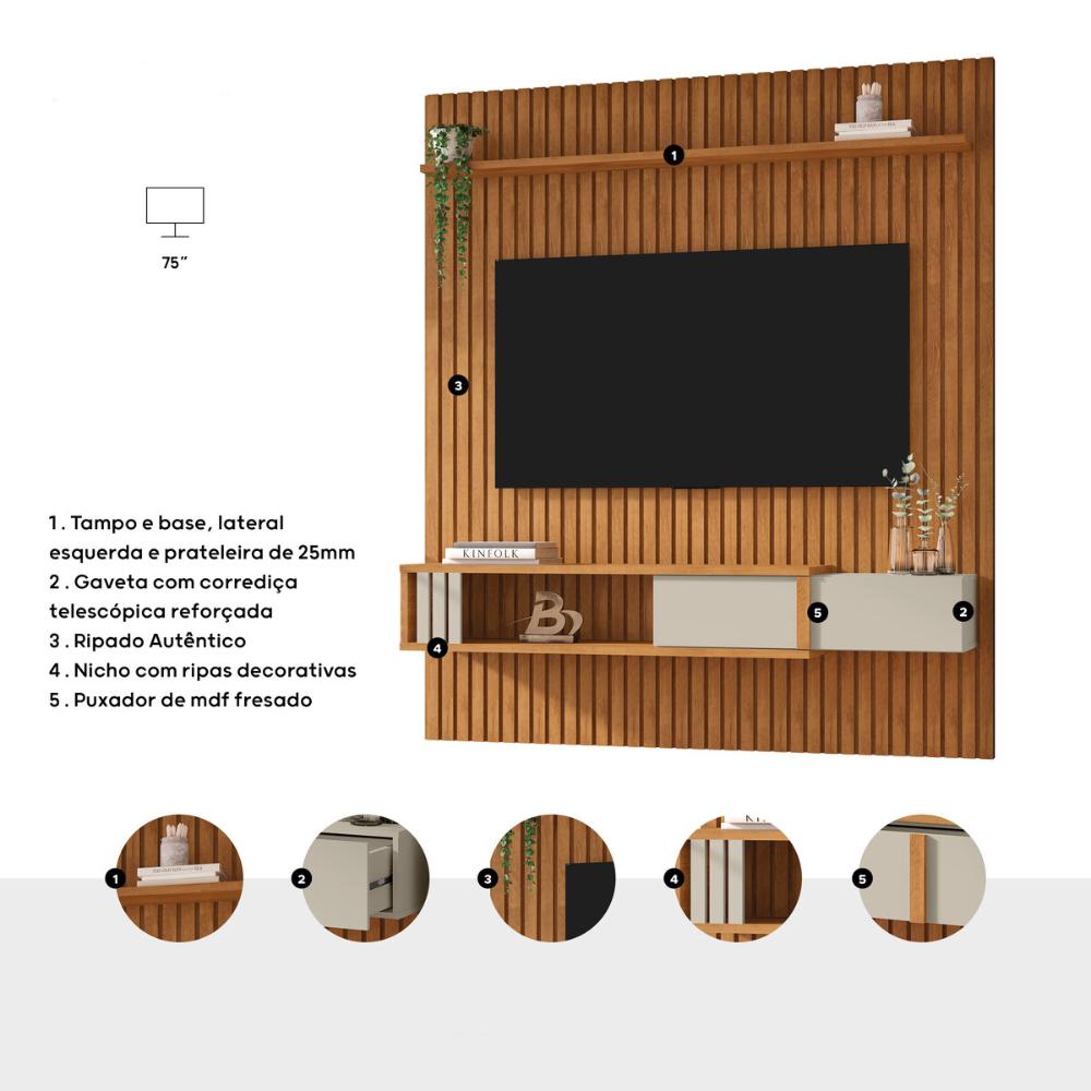 Painel para TV até 75 Polegadas Ripado com 1 Gaveta e Nicho Multimóveis CR45288 Naturalle/Off White