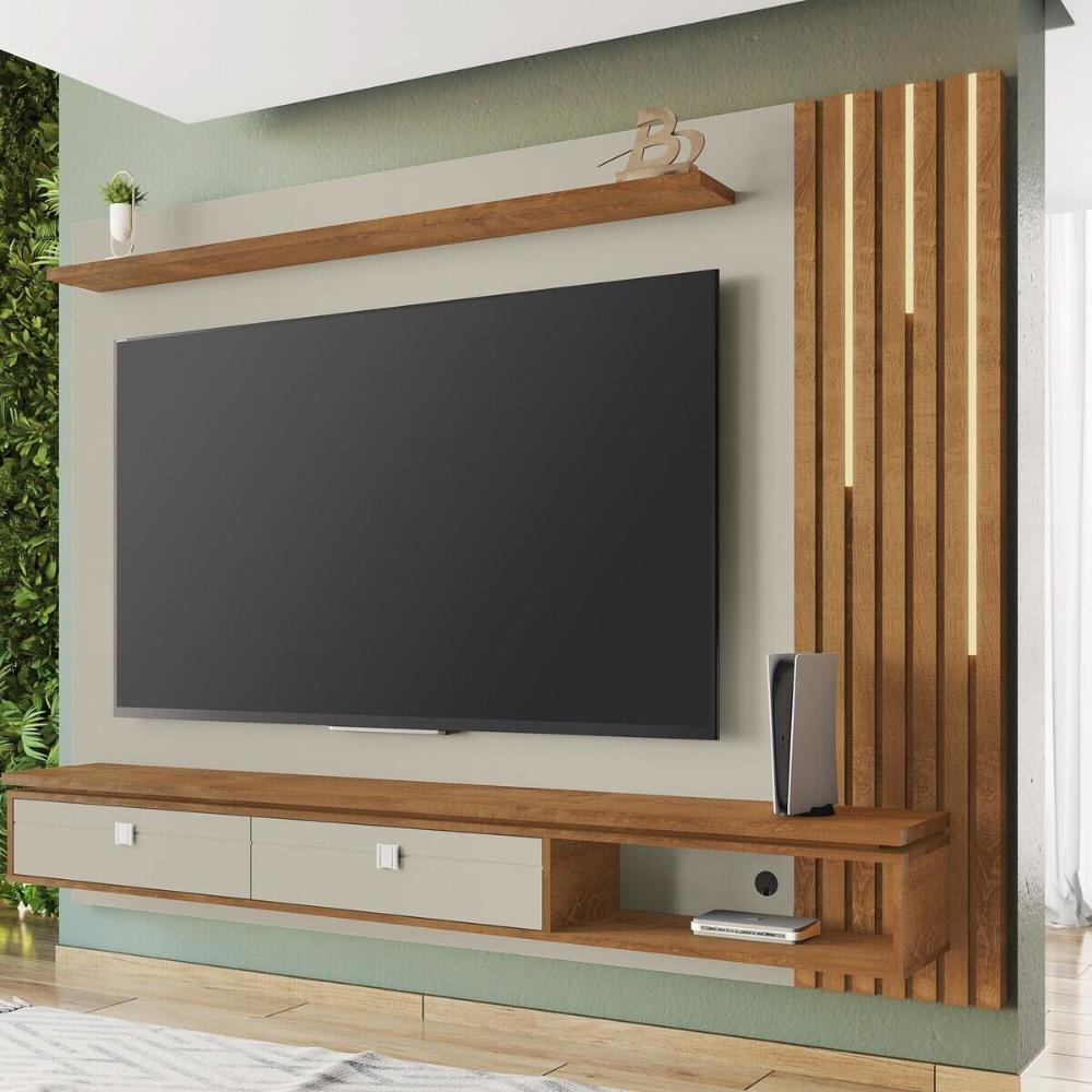 Painel para TV até 80 Polegadas com Ripado Fita LED e 2 Gavetas Multimóveis CR45285 Off White/Naturalle