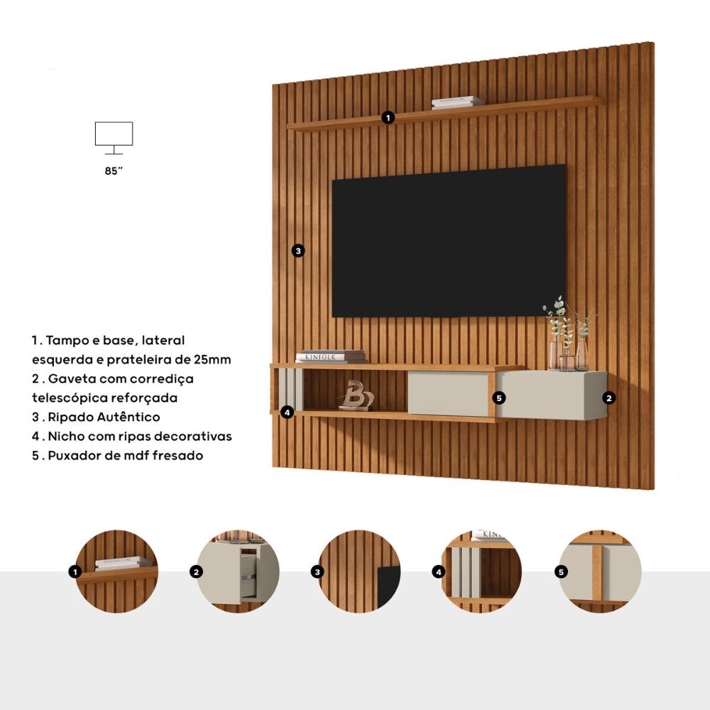 Painel para TV até 85 Polegadas Ripado com 1 Gaveta e Nicho Multimóveis CR45283 Naturalle/Off White