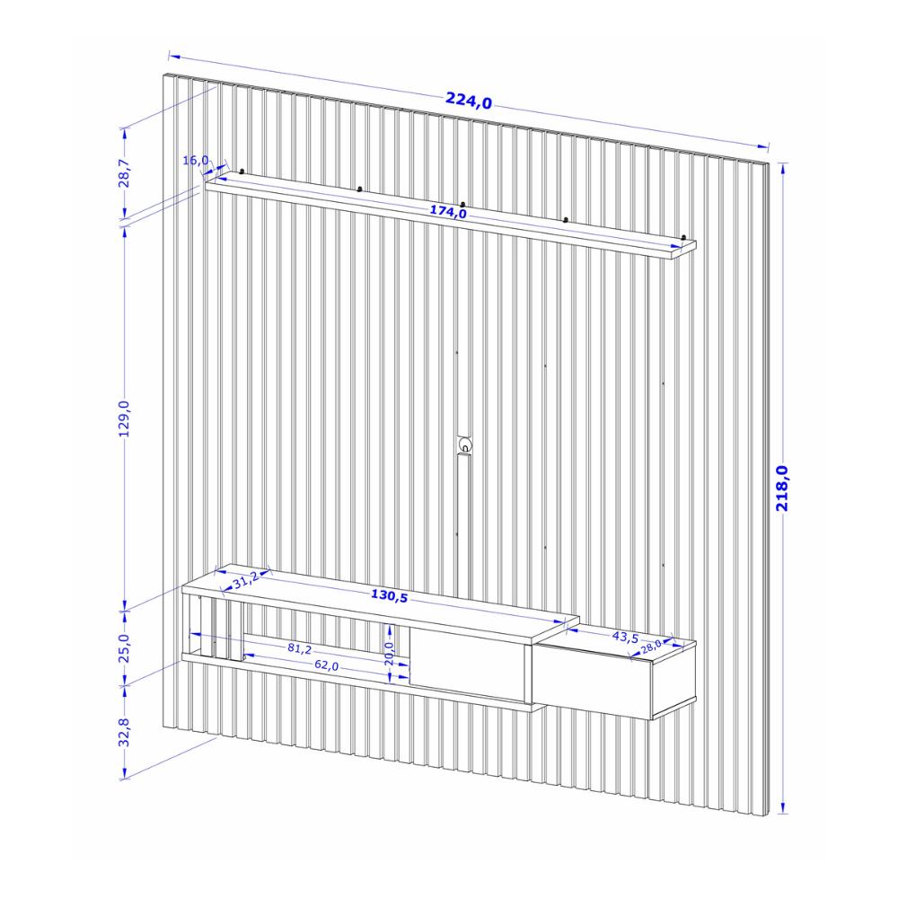 Painel para TV até 85 Polegadas Ripado com 1 Gaveta e Nicho Multimóveis CR45283 Naturalle/Off White