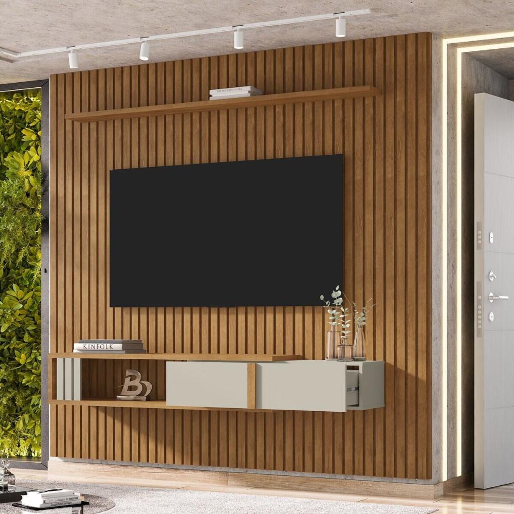 Painel para TV até 85 Polegadas Ripado com 1 Gaveta e Nicho Multimóveis CR45283 Naturalle/Off White