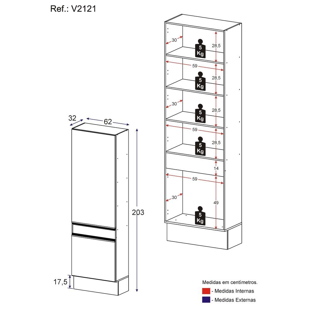 Paneleiro 2 Portas 62cm com Rodapé Veneza Multimóveis V2121 Branco/Dourado