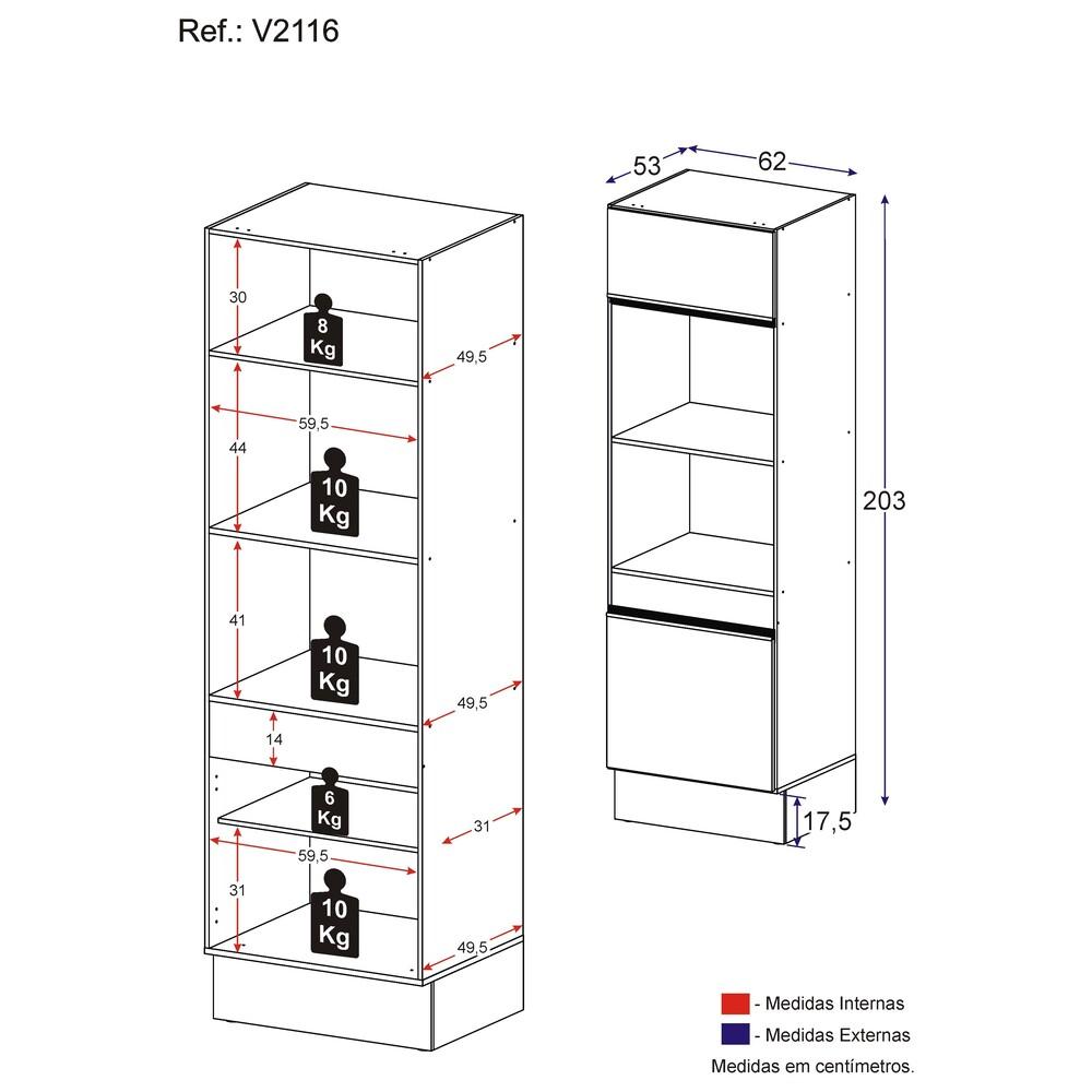 Paneleiro 2 Portas 63cm com Rodapé para Forno e Microondas Veneza Multimóveis V2116 Branco/Preto