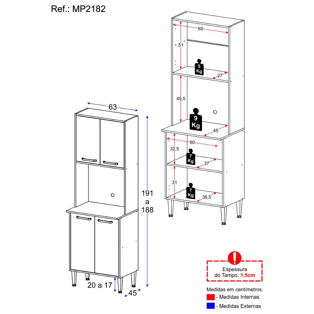 Paneleiro 63cm 4 Portas para Micro-ondas Siena Multimóveis MP2182 Branco