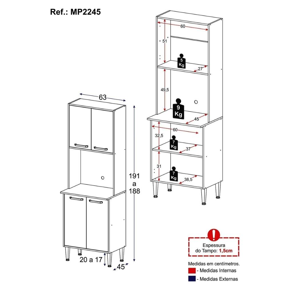 Paneleiro 63cm 4 Portas para Micro-ondas Xangai Multimóveis MP2245 Branco