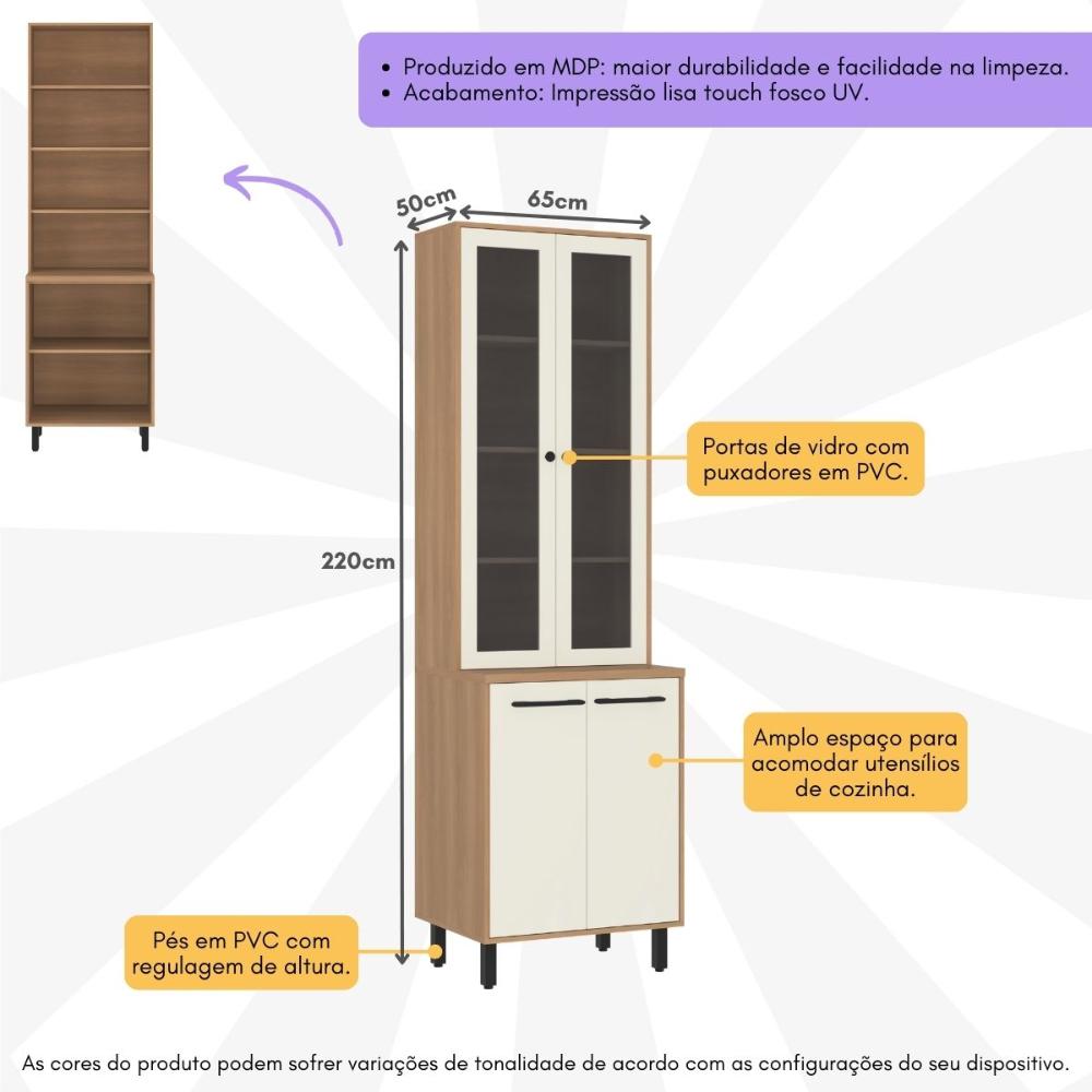 Paneleiro Cristaleira 65cm com Vidros e 4 Portas Havana Multimóveis CR20312 Rovere/Champanhe