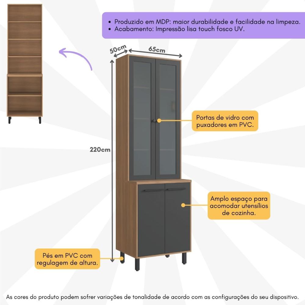 Paneleiro Cristaleira 65cm com Vidros e 4 Portas Havana Multimóveis CR20312 Rovere/Grafite