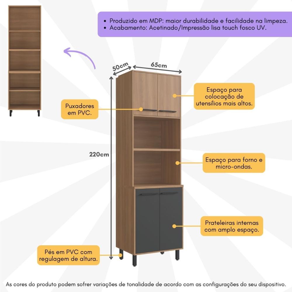 Paneleiro Torre Quente 65cm para Forno e Micro-ondas 4 Portas Havana Multimóveis CR20311 Rovere/Grafite