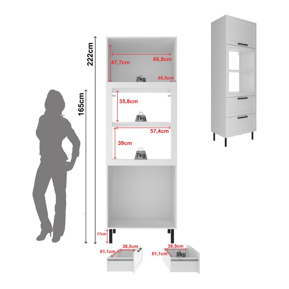 Paneleiro Torre Quente MDF para Forno/Micro-ondas 1 Porta 2 Gavetas 80cm Multimóveis CR20445 Branco