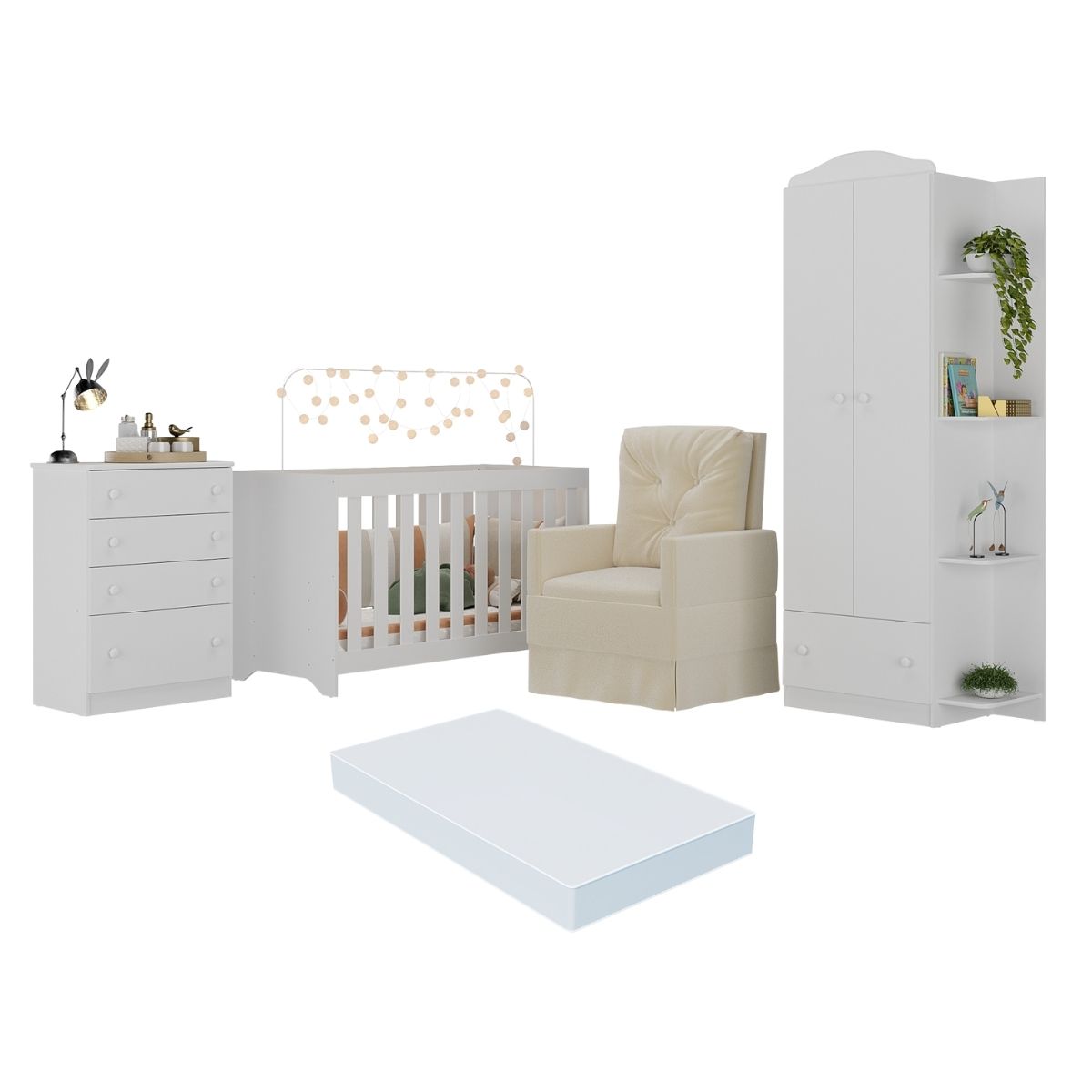 Quarto Completo com Colchão e Poltrona de Amamentação João e Maria Multimóveis MP4092 Branco/Bege